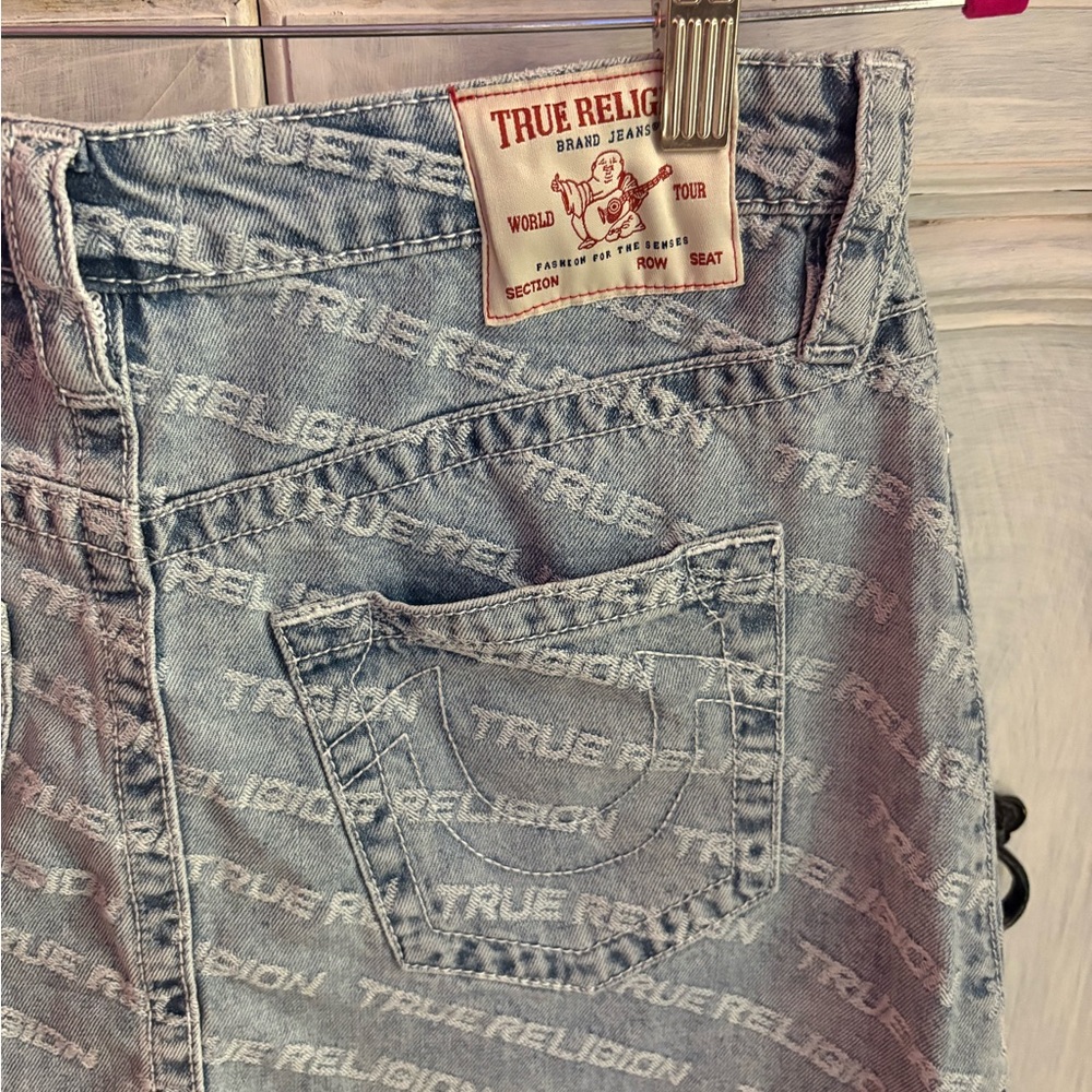 True Religion Monogram High Rise Denim Mini Skirt Leaping Water Y2K - Picture 11 of 11